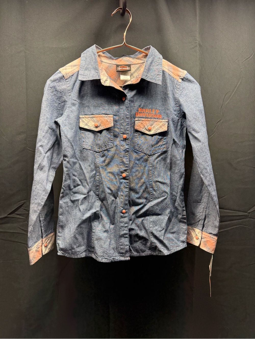 NWT Harley-Davidson Blue Denim Shirt with Orange Trim Sz 7/8 (16ay)